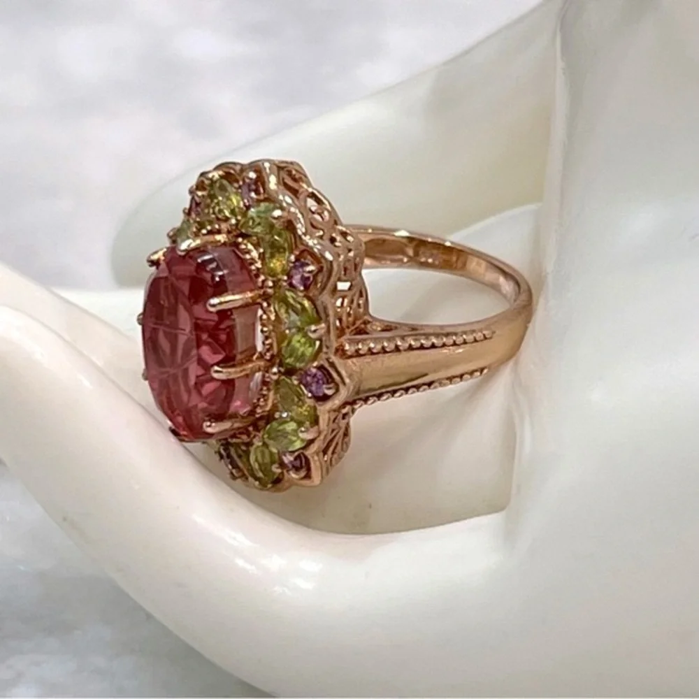 Salmon Quartz Multigemstone 14K RG Sterling Silver Cocktail Statement Ri… - Picture 4 of 10